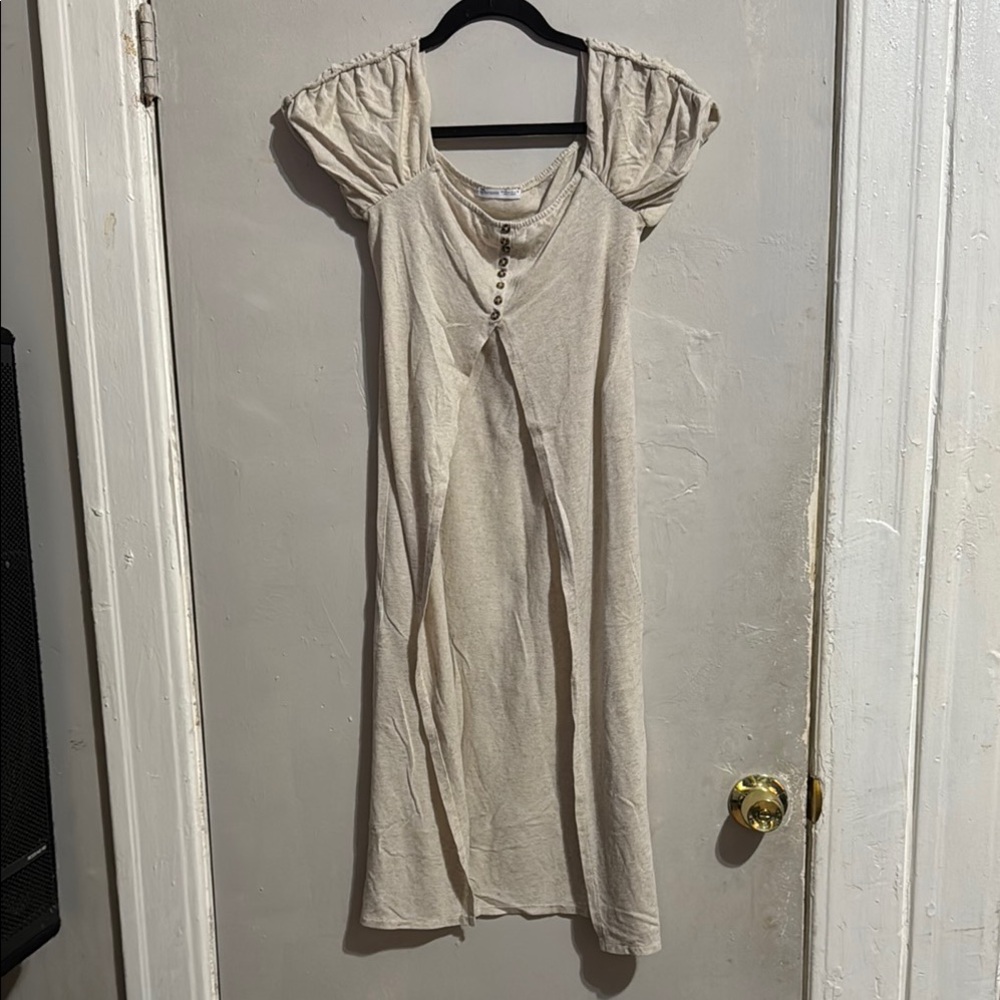 Zara Cream Midi Dress with Cap Sleeves and Ruched Neckline